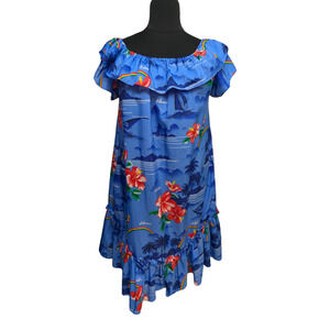 Vintage 1970s One Size Plus Hawaii Print Mumu Dress Ruffle Neck Blue Tropical